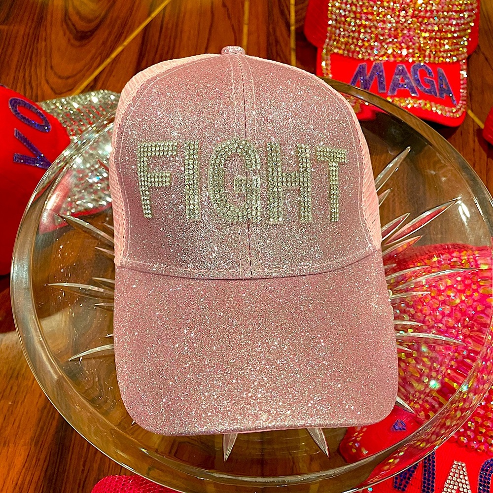 NWT “FIGHT” -Light Pink MAGA 45th POTUS Donald Trump Rhinestone Glitter Hat /Cap